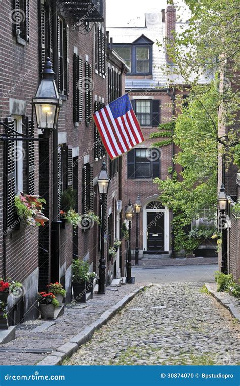 An American Flag Displayed on Acorn Street in Boston, Massachusetts ...