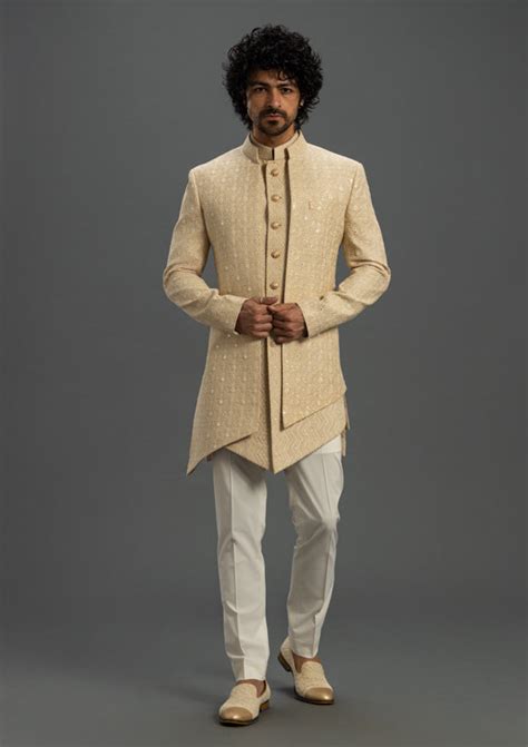 Beige Lucknowi Indo-Western Sherwani with Thread & Mirror Work ...