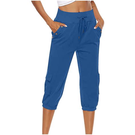 Royal Blue Casual for Women Fall Summer Faux Linen Loose Fit Capri ...