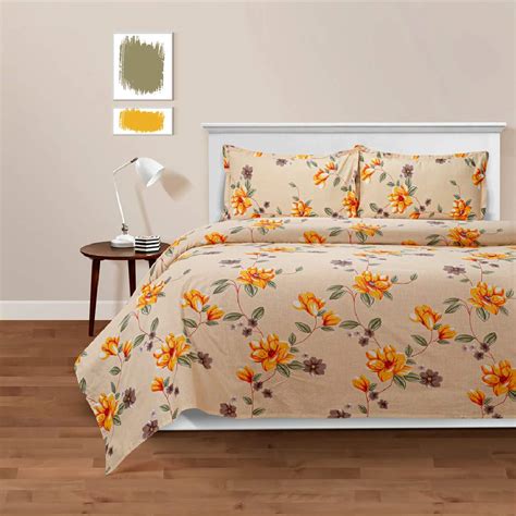 Swayam 144 TC Pure Cotton Beige and Yellow Floral Printed Bed Sheet ...