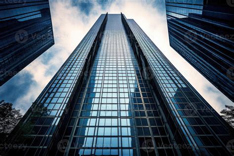 The magnificence of a towering skyscraper from a unique worm's - eye ...