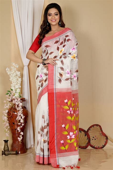White Red Cotton Blend Slabakato Hand Painted Saree (1676)
