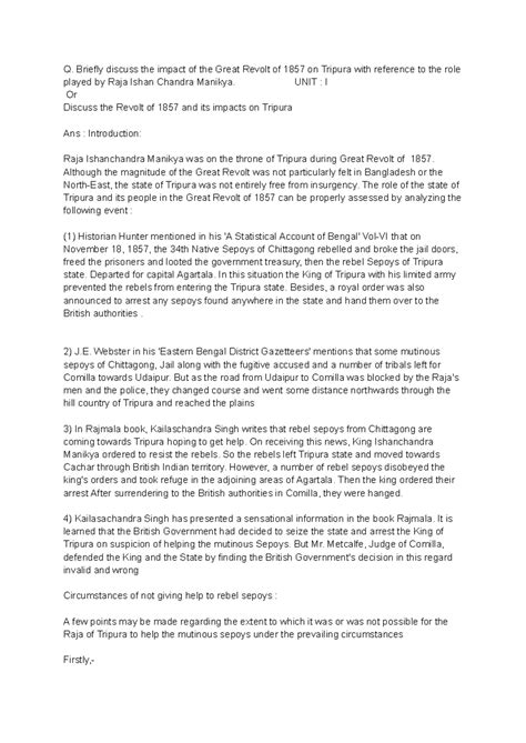 History unit -I - Q. Briefly discuss the impact of the Great Revolt of ...