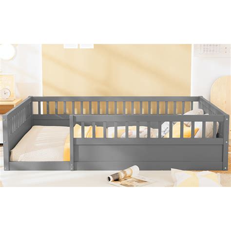 Latitude Run® Floor Bed Frame with Fence, Wood Kids Floor Beds Frame ...