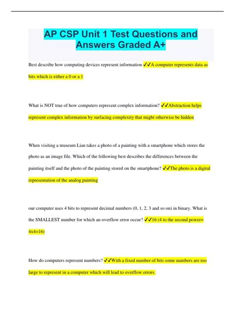 AP CSP Unit 1 Test Questions and Answers Graded A+ - AP CSP - Stuvia US
