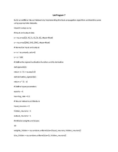 Lab Program 7: Building an ANN with Backpropagation Algorithm - Studocu