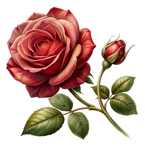 Red Rose With Bud Clip Art Digital Illustration, Red Rose Bud, Blooming ...