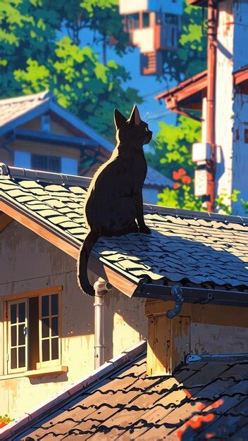 Black cat on rooftop in serene neighborhood | Premium AI-generated image