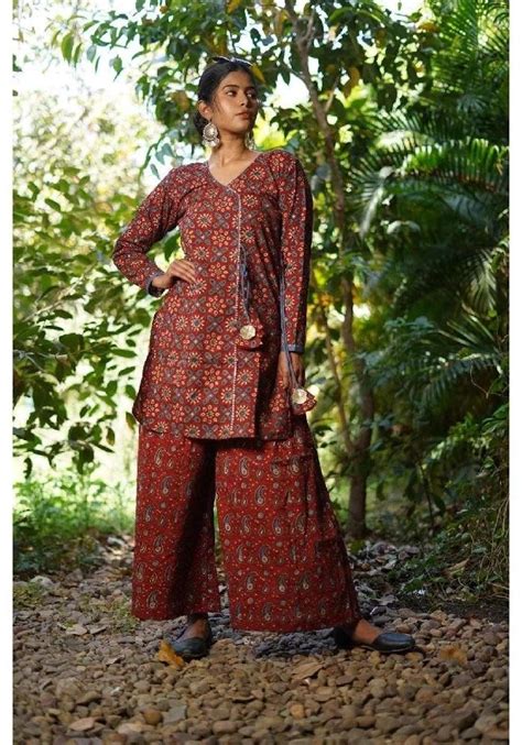 Angrakha style cotton Ajrakh Hand-Block Printed Red Handloom Kurti