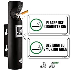 Striive Wall-Mounted Cigarette Butt Receptacle with Smoking Sign (Black ...