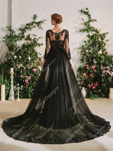 Black Mermaid Gothic Wedding Dress With Detachable Train – Adela Designs