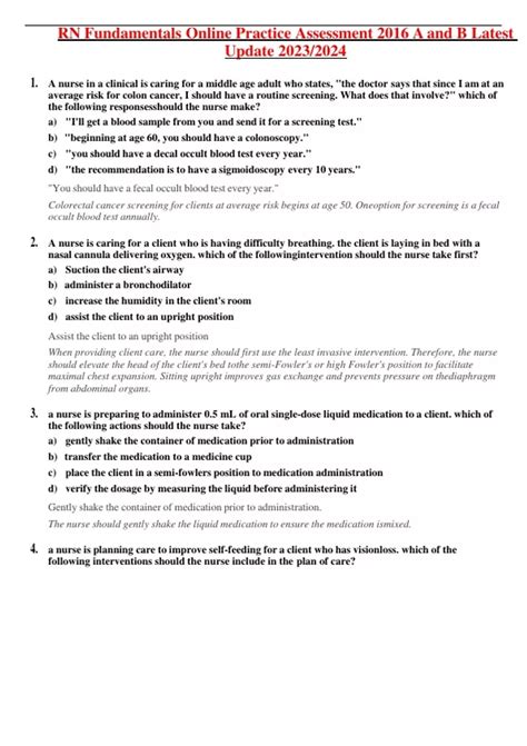 RN Fundamentals Online Practice Assessment 2016 A and B Latest Update ...