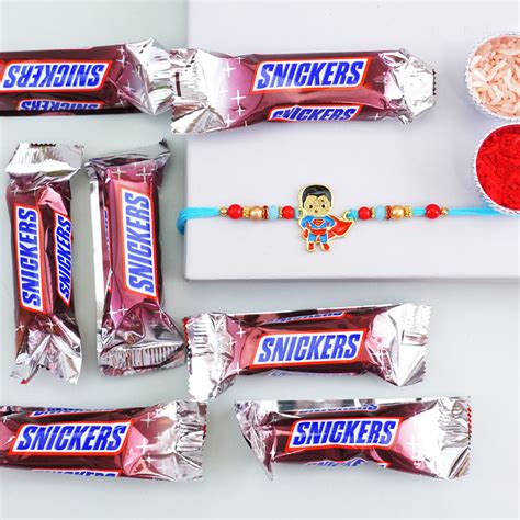 Send Superman Rakhi with Snickers Chocolate for Little Brother Online