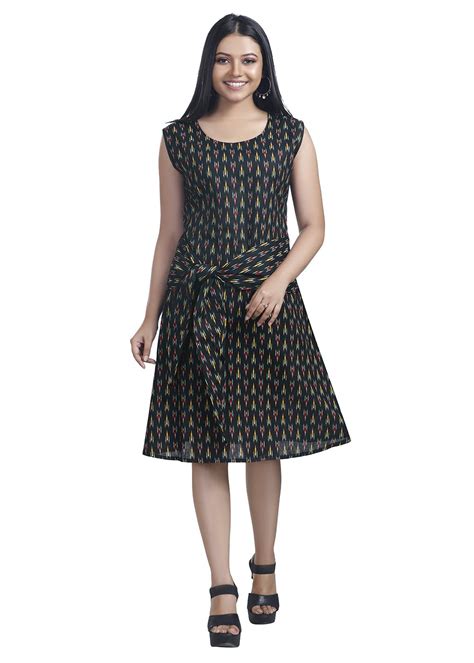 Get Black Ikat A-line Front Tie Dress at ₹ 999 | LBB Shop