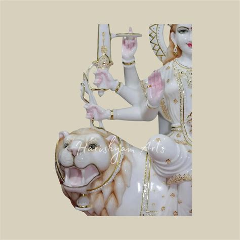 39" Large Durga Maa Durga Maa Seated on Lion White Makrana Marble Stat