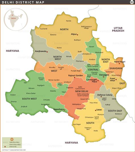 Delhi District Map with Administrative Boundaries and Key Locations | MapNations