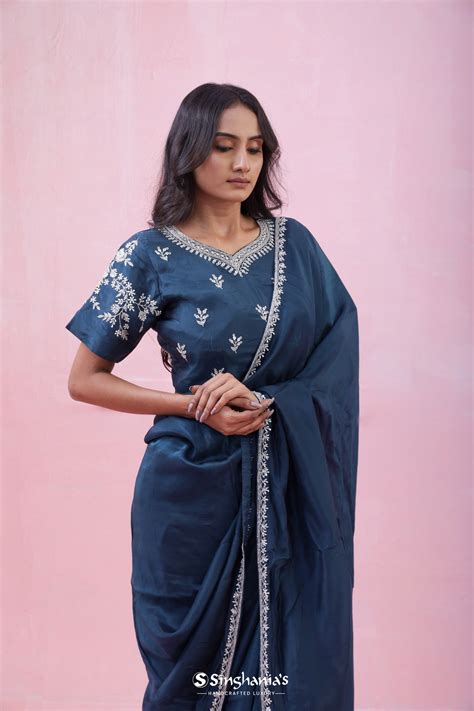 Prussian Blue Organza Saree With Hand Embroidery – Singhania's