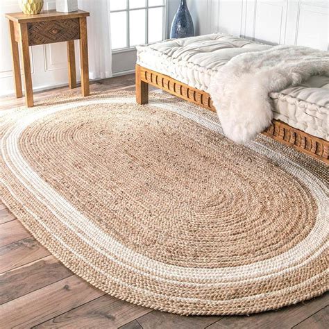Natural Golden Jute Beige With White Oval Shape Runner - 3 X 5 FT