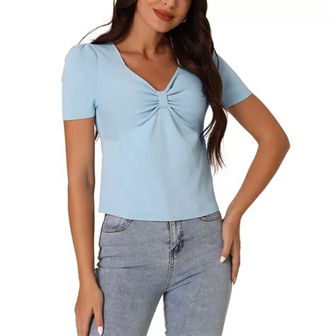 Women's Summer Casual V Neck Cropped T Shirt Short Sleeves Ribbed Knit ...