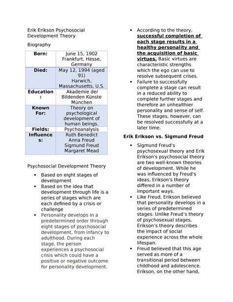Erik Erikson 8 Stages Of Psychosocial Development Worksheet