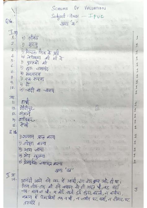 SCHEME OF VALUATION for HINDI I PUC - QNo. 2dus I3D - Studocu