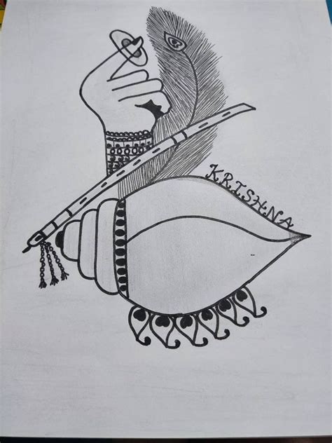 Buy Spacetouch Sketch Handmade Drawing Krishna Flute With Shankha Conch ...