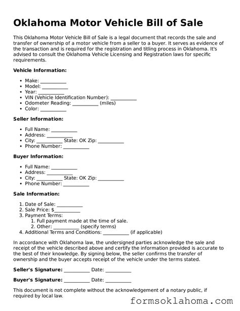 Oklahoma Motor Vehicle Bill of Sale Template ᐈ Fillable PDF Form