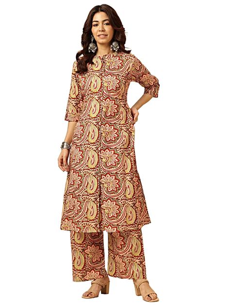 Buy Vbuyz Women's Kalamkari Print Straight Cotton Red Co-Ord Set |Fancy ...