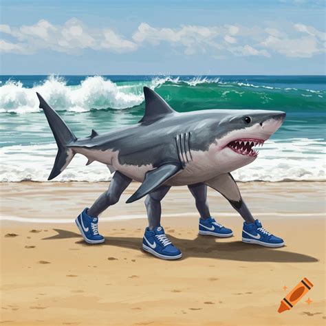 A cartoon great white shark wearing shorts and blue shoes walks on a ...