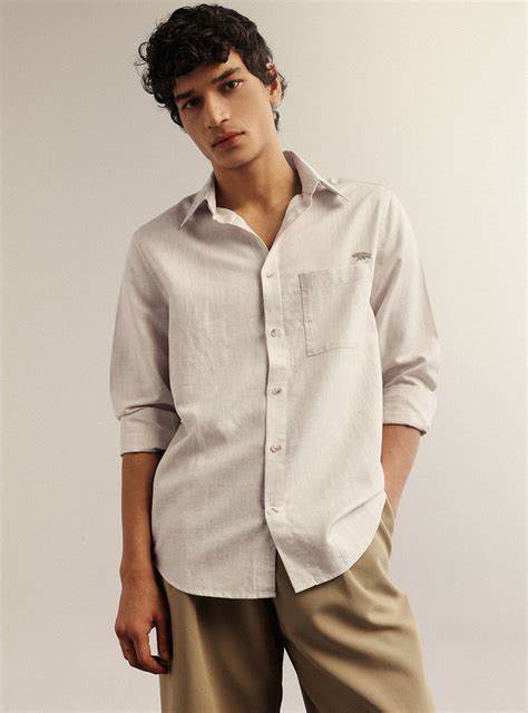 Buy Ghost Beige Cotton Blend Melange Shirt | Semi Casual Beige Dobby ...