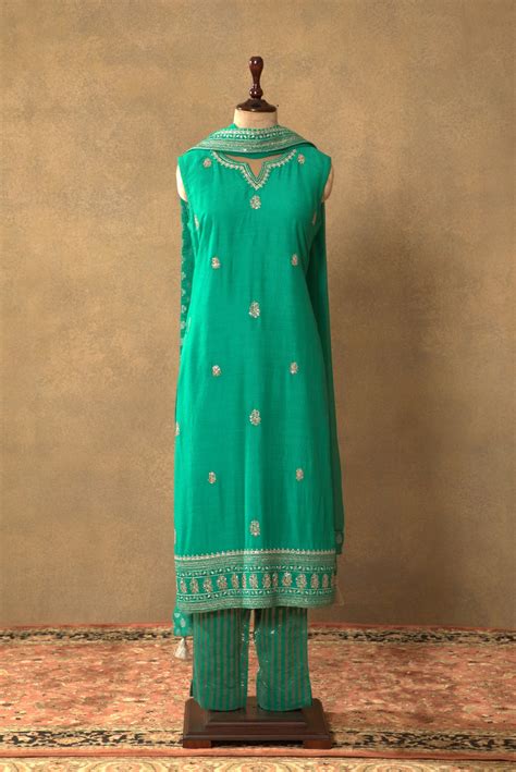 Sea-Green Embroidered Pure Muga-Silk Sleeveless Kurta-Pants Set