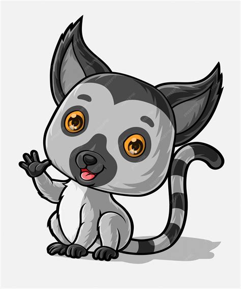 Мультяшный малыш лемур сидит и машет рукой | Премиум вектор