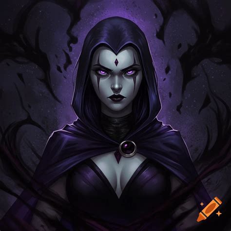 Portrait of Raven from DC Comics in a purple hooded cape, with glowing ...