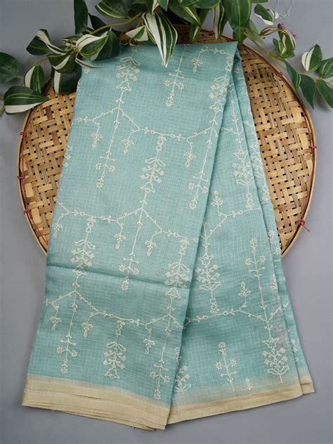 Silk Kota Saree With Allover Silver Zari Butties And Gold Border - Sea ...