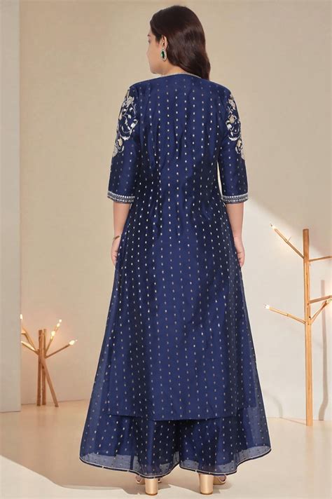 Buy Navy Dyed Printed Sequins Georgette Straight Crop Top, Palazzo and ...