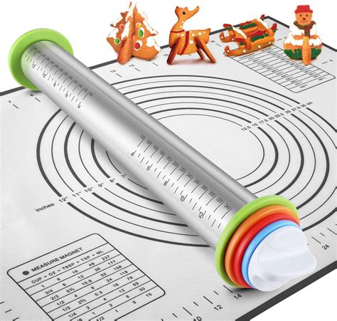 Rolling Pin and Silicone Baking Pastry Mat Set, Smooth Non Stick ...