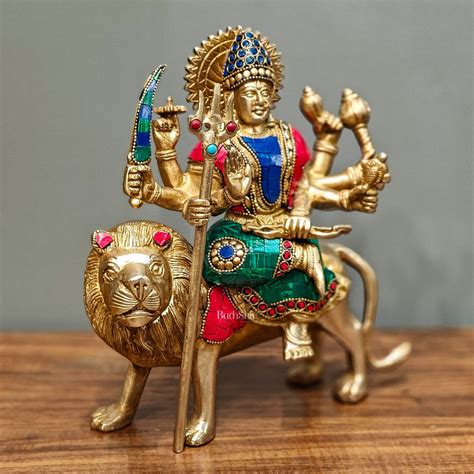 Goddess Durga Brass Idol 8 Arms Stonework 9" Lion Figurine – Budhshiv.com