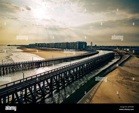 Aerial view of harbour and beach of belgian coast with port and boardwalk Stock Photo - Alamy