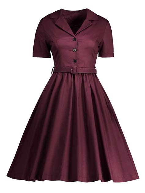 Wine Red 2xl Shirt Collar A Line Vintage Dress | Rosegal.com