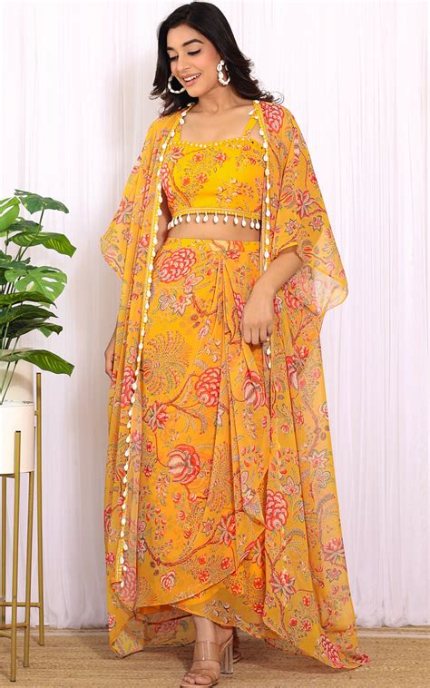 Niharika Mustard Floral Printed Georgette Crop Top & Draped Skirt Co-o