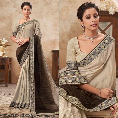 Beige & Dark Brown Sequence Embroidered Chiffon Half & Half Saree