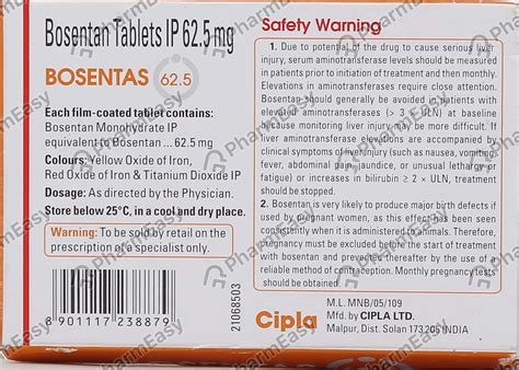 Bosentas 62.5 MG Tablet (10): Uses, Side Effects, Price & Dosage ...