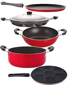 Nirlon Aluminium Cookware Set, 5-Pieces, Red and Black, 26_FT12_KD13_AP ...