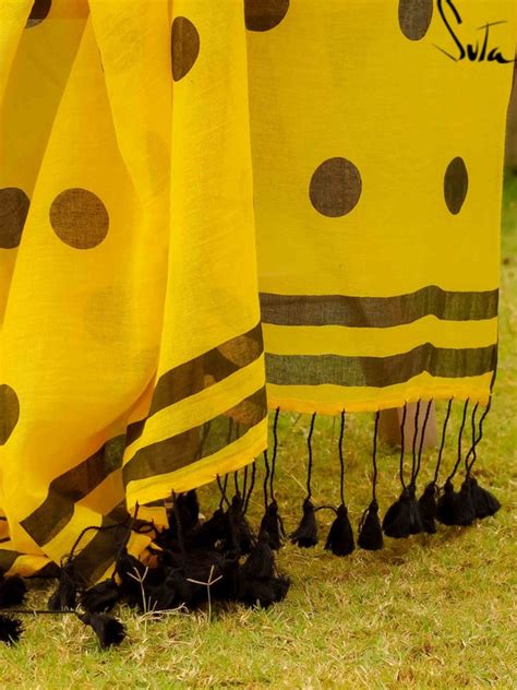 Mul Cotton Polka Dot Printed Saree In Yellow|Bee Line|Suta