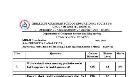 B.Tech IV Sem Exam: Predictive Analytics Questions (PA MID02 CSD 4-1 ...