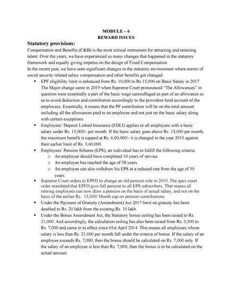 PRM MOD- 6 - complete unit6 - MODULE – 6 REWARD ISSUES Statutory ...