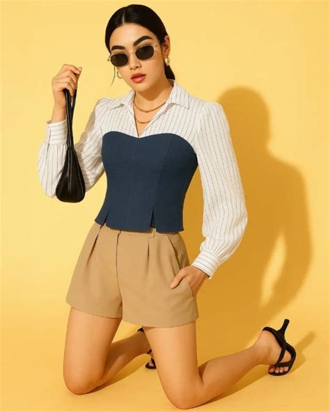Navy Blue And White Striped Corset Fitted Shirt – Littlebox India