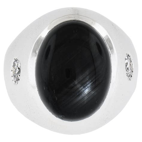 Vintage Men's 14k White Gold Black Star Sapphire and Diamond Wide Large ...