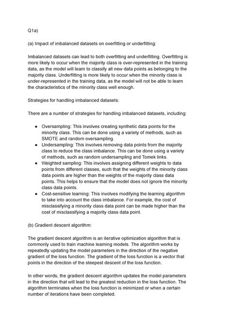 ML 2 - Machine Learning - Q1a) (a) Impact of imbalanced datasets on ...