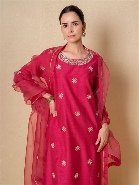 Orange Gota Patti Embroidered Chanderi Suit - Set of 3